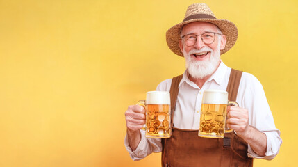 A cheerful senior man proudly holds two beer mugs, dressed in traditional lederhosen, embodying the festive spirit common during Oktoberfest celebrations