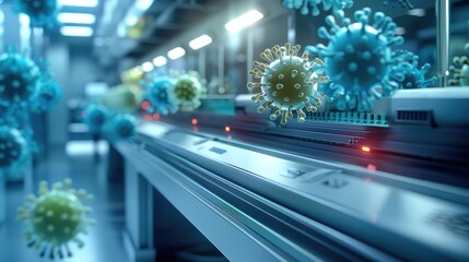 Poster - An advanced, futuristic copy machine in a sterile lab setting, producing glowing viral particles instead of paper. The viruses are small, and they are emerging from the machine in rapid succession.