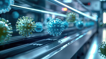 Poster - An advanced, futuristic copy machine in a sterile lab setting, producing glowing viral particles instead of paper. The viruses are small, and they are emerging from the machine in rapid succession.