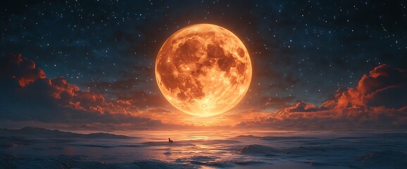 a full, orange moon hangs low in the night sky, casting a warm glow on the clouds and snow-covered g