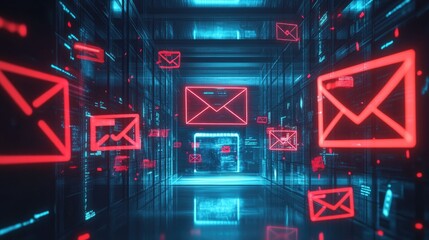 Poster - An email system displaying phishing detection tools, highlighting suspicious messages with warnings and alerts.