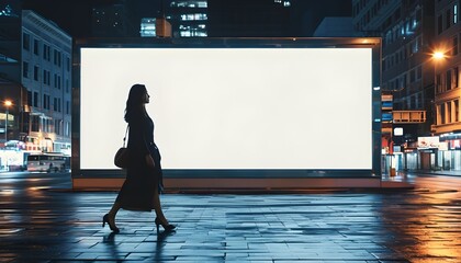 Lonely city streets at night with a woman strolling beside an empty billboard