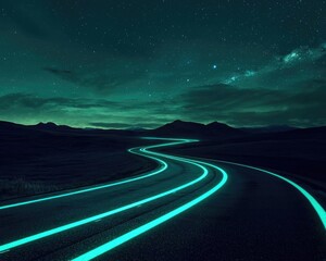 A winding road illuminated under a starry night sky, offering a serene and mystical atmosphere in a remote landscape.