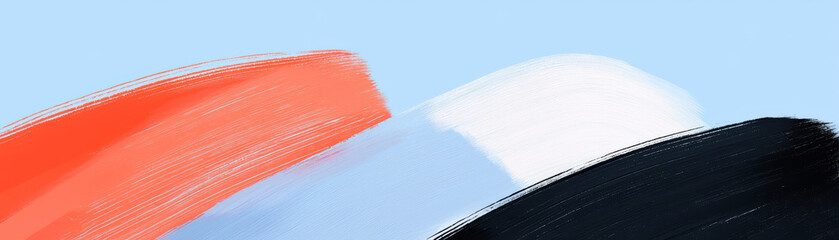 Poster - A vibrant abstract painting featuring bold brush strokes in orange, white, and black on a light blue background, perfect for modern decor.