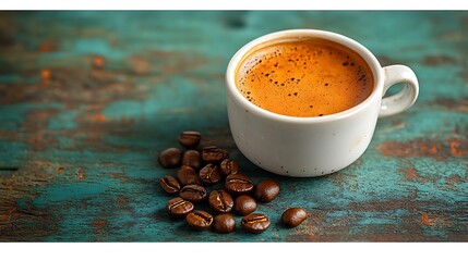 A cup of freshly brewed espresso with coffee beans on a rustic wooden background.