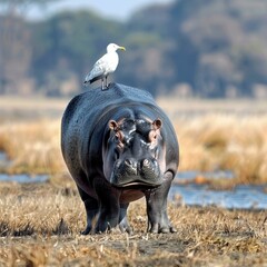 Wall Mural - Hippo with a seagull on its back AI.