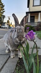 A gray rabbit nibbles on a purple tulip in front of a house. AI.