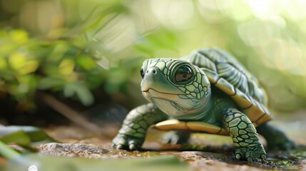 Sticker - A cute green turtle is crawling on the ground. AI.