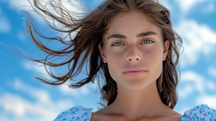 Wall Mural - Portrait of a young woman with long brown hair and freckles. AI.