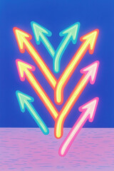 Poster - Colorful neon arrows pointing in various directions against a vibrant blue background, conveying movement, direction, and creativity.