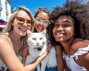 Canvas Print - Three friends smiling with a white cat. AI.