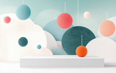Poster - Colorful abstract shapes in a modern setting, featuring soft textures and a minimalist white table, creating a fresh and vibrant atmosphere.
