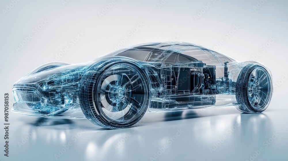 Transparent 3D rendering of a sports car, showing the car's inner ...
