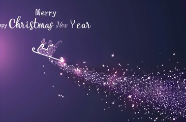 Poster - Elegant and simple vector illustration of tiny white glowing particles forming the shape of Santa Claus's sleigh flying across a dark sky, with 