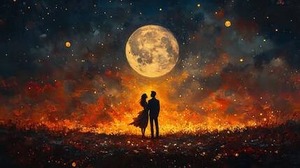 Wall Mural - a couple silhouetted against a fiery sky with a full moon and stars.