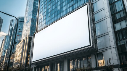 Modern cityscape with a blank white billboard on a tall skyscraper building, ideal for advertisement and marketing concept.