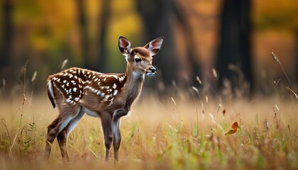 Wall Mural - Graceful fawn nestled among tall grass and autumn foliage, showcasing its spotted coat in a tranquil natural setting