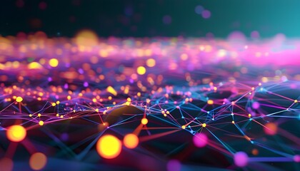 Neon Network of Connected Dots and Lines with Blurred Bokeh Background in Abstract 3D Rendering