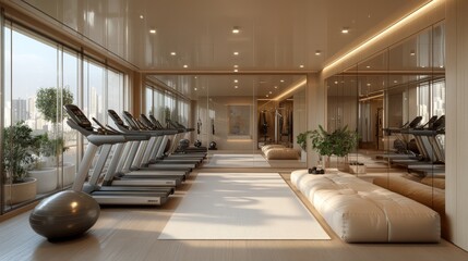 Modern luxury gym interior with treadmills, plants, and relaxation space, flooded with natural light from large windows, offering a serene workout environment.