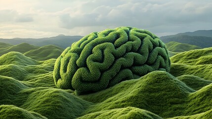 Poster - Conceptual 3D depicting the human brain blanketed in a lush array of verdant foliage and splendor set against a calming backdrop of rolling hills