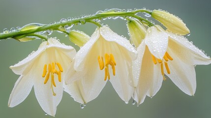 A captivating scene of beautiful flowers blooming in March, adorned with sparkling dewdrops that glisten in the morning light. The vibrant green foliage enhances the freshness