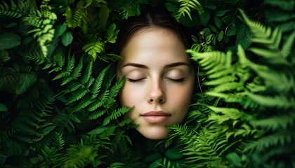 Serene woman amidst vibrant green foliage with closed eyes