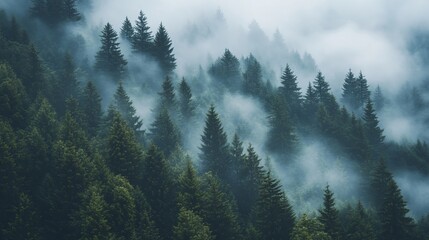 Wall Mural - Misty pine trees line the mountainside in a protected natural area.