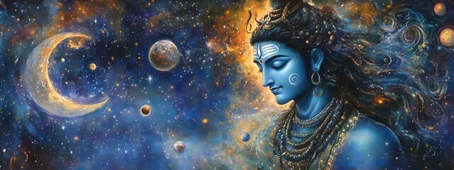 Poster - Ethereal digital painting depicting the Hindu deity Lord Shiva in a cosmic celestial setting with stars planets and other celestial bodies revolving around him  The image has a mystical spiritual