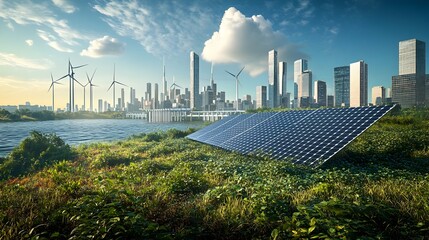 Poster - expansive solar farm towering wind turbines and hidden geothermal wells seamlessly integrated into t