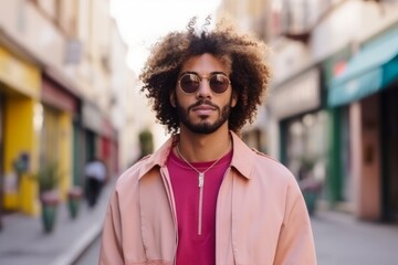 Poster - A man with curly hair and a beard stands in front of a yellow building