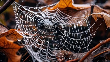 Wall Mural - Autumn cobwebs covered with dew, with delicate textures and intricate patterns. Background photo.
