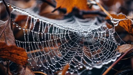 Wall Mural - Autumn cobwebs covered with dew, with delicate textures and intricate patterns. Background photo.