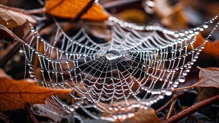 Wall Mural - Autumn cobwebs covered with dew, with delicate textures and intricate patterns. Background photo.