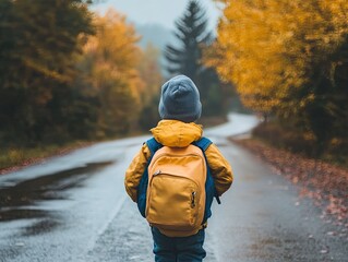 Wall Mural - child student seen from the back, starting his journey at school on a road