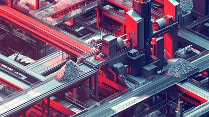 Poster - Futuristic architectural landscape featuring an intricate network of interconnected geometric structures in vibrant red and chrome tones  The scene evokes a sense of advanced technology innovation