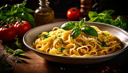 A delectable bowl of fettuccine pasta garnished with fresh basil and parsley, surrounded by ripe tomatoes and olive oil, creating an appetizing Italian culinary scene.. AI Generation