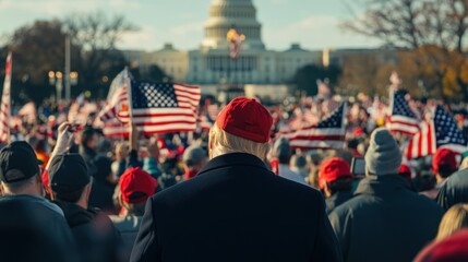 The president-elect stands facing a jubilant crowd, American flags in hand, as they gather near the steps of iconic US government offices, marking the beginning of new leadership.