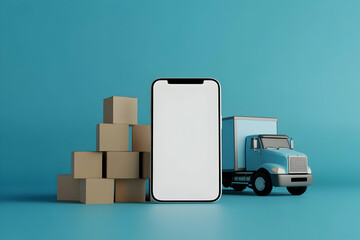 Modern Delivery Truck with Smartphone Mockup and Cardboard Boxes for E-commerce and Logistics