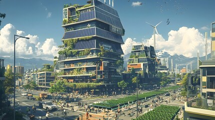 Poster - futuristic eco friendly metropolis with sustainable infrastructure and clean energy solutions