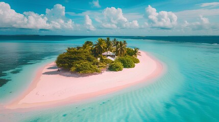 pink and blue beach, island in the middle of ocean, white sand with palm trees, turquoise water, drone shot, white clouds in sky, white structures on pink beach, dreamy