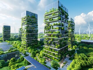 Poster - futuristic looking solar paneled high rises community driven hydroelectric projects powering local n