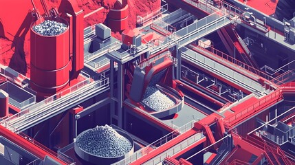 Poster - Futuristic industrial landscape featuring an intricate web of mechanical structures pipes tubes and conveyor systems creating a mesmerizing geometric pattern