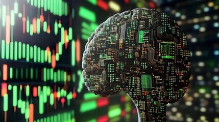 Poster - Futuristic robotic brain made of intricate circuit boards that is calculating and analyzing complex market patterns