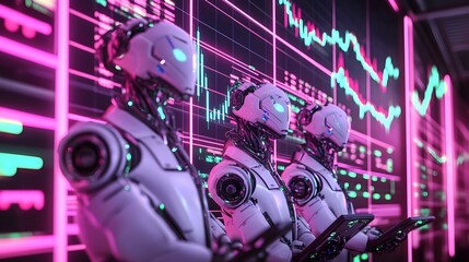 Poster - Futuristic scene of robotic surrounded by neon lit graphs displaying the volatile fluctuations of prices and market data in a high speed AI driven digital finance landscape