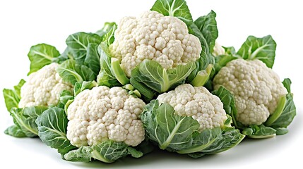 Wall Mural - A cluster of fresh, white cauliflower florets with green leaves on a white background.