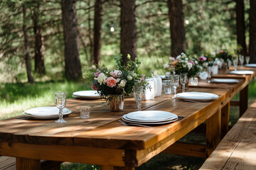 Beautiful outdoor table setting in a forest with floral centerpieces, elegant tableware, and a peaceful natural atmosphere