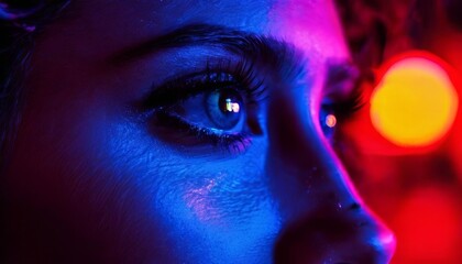 A close-up shot of a woman's eye, illuminated by vibrant and colorful lighting. The detailed focus on her eye highlights its striking beauty and the interplay of colors adds a dramatic and artistic