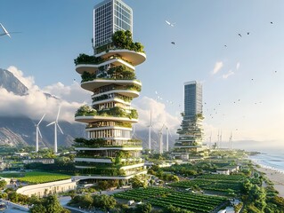 Poster - gleaming futuristic city skyline featuring integrated solar panels community driven urban farming co