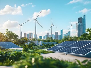 Poster - gleaming solar arrays sleek wind turbines and cutting edge geothermal plants powering thriving urban