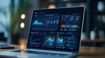 Poster - laptop on the table contains a Comprehensive E-Commerce Analytics Dashboard Displaying Real Time Sales Data